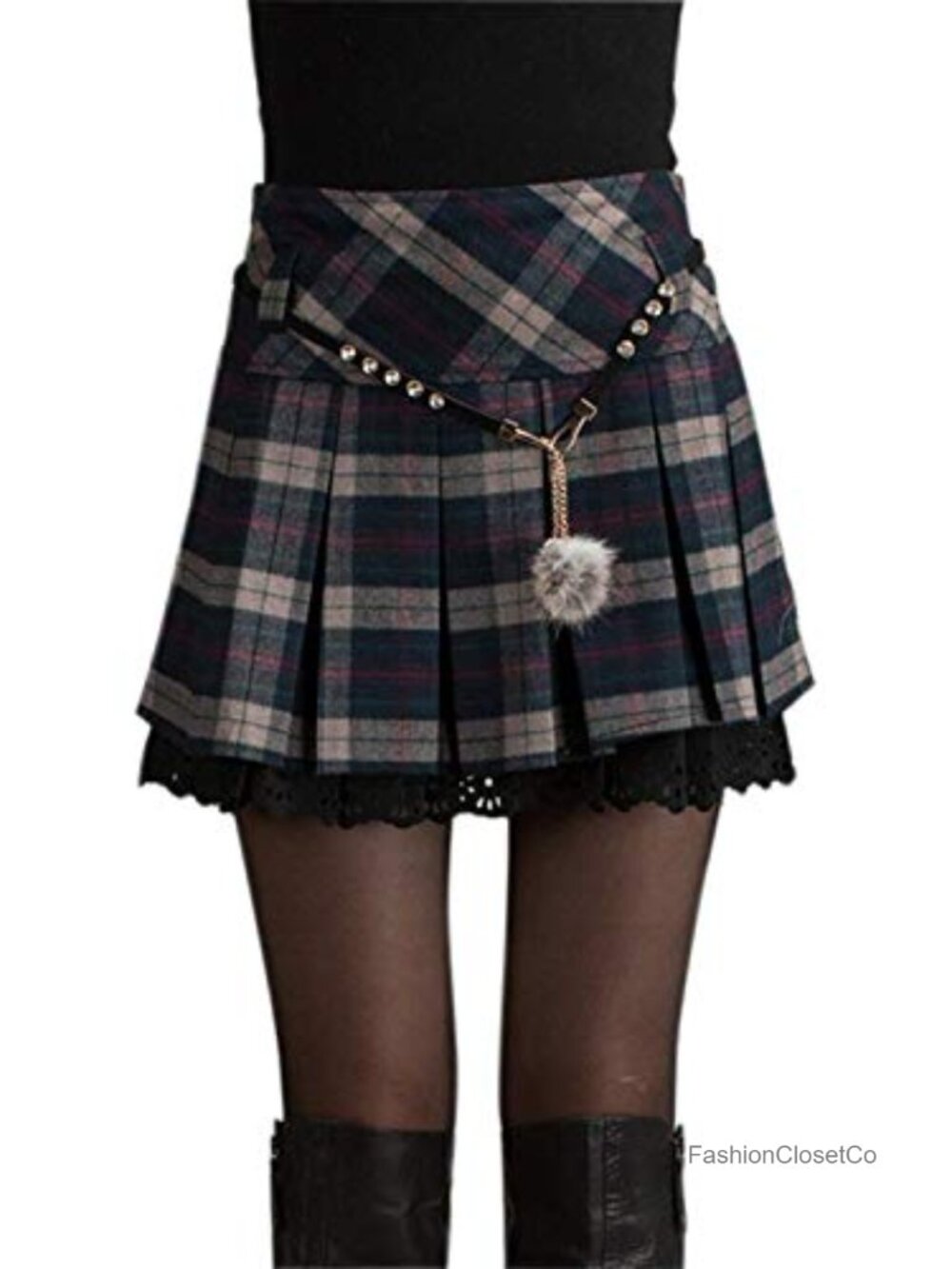 Women's A-Line Plaid Wool Blend Pleated Skirt with Side Zipper